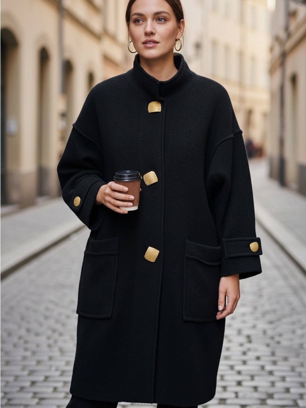 Women's Black Pea Coat with Decorative Gold Buttons